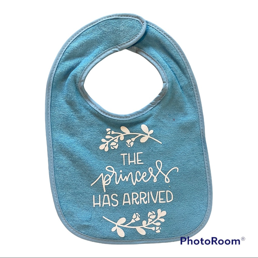 BRAND NEW - Blue Infant Bib With Velcro - with White Princess Decal